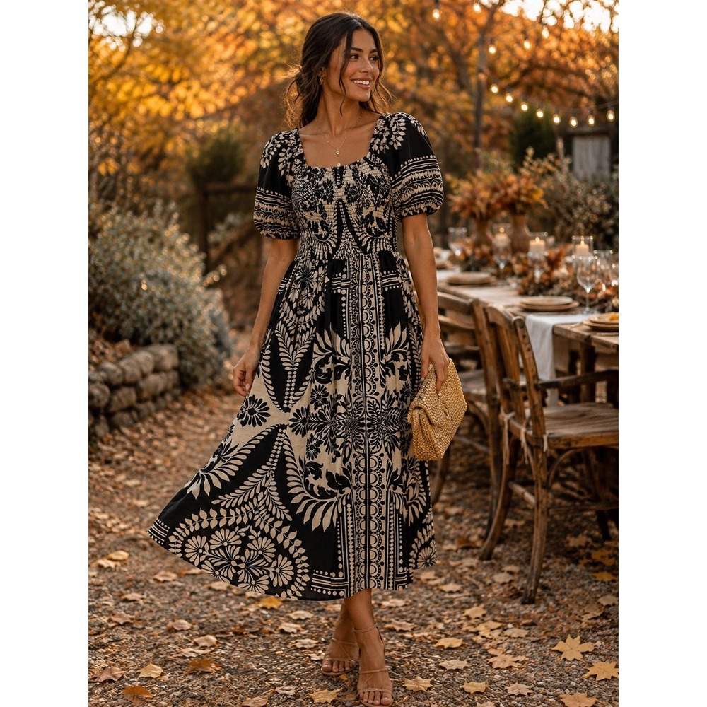 Us Together Black Cream Botanical Print Smocked Midi Dress UTDR1094-2 M